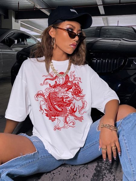 

chinese dragon graphic drop shoulder oversized tee o3qc#, White