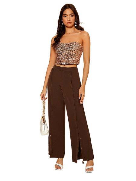 

split hem wide leg pants l8be#, Black;white