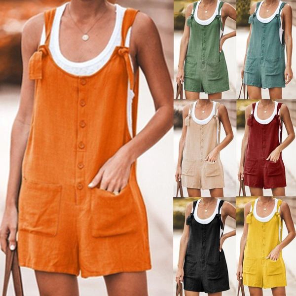 

women's jumpsuits & rompers 2022 women's jumpsuit solid color patch pockets lace-up cotton and linen suspenders comfortable plus s, Black;white