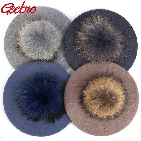 

geebro female winter berets with 15 cm real ball pom hat for women girl knitted cap thick ladies slouchy skullies hats j220722, Blue;gray