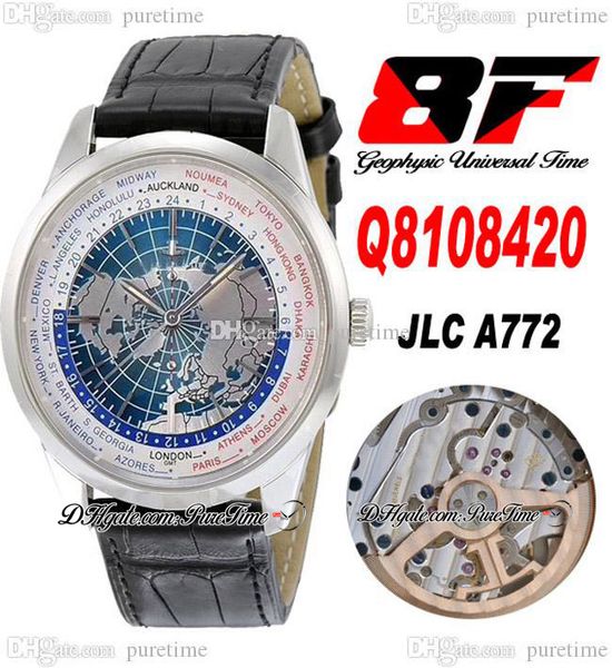 8F V2 Geophysic Universal Time Q8108420 JLC A772 Automatik-Herrenuhr, Stahlgehäuse, 3D-Weltkarte, Stick-Zifferblatt, schwarzes Lederarmband, Super Edition Puretime