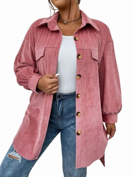 

plus drop shoulder belted corduroy coat e9hp#, Black