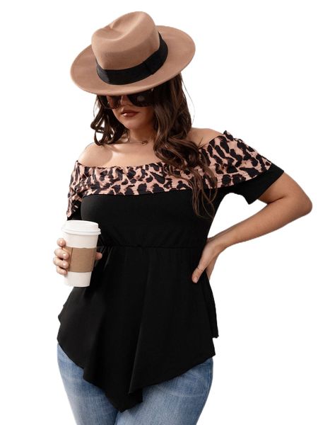 

plus leopard off shoulder hanky hem peplum tee l0uy#, Black