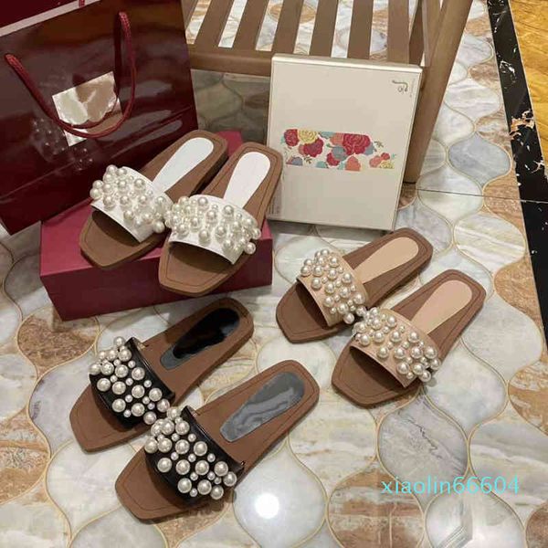 

fashion-high end one line pearl open toe sandal summer style exterior fashion fairy style flat bottom sandal, Black