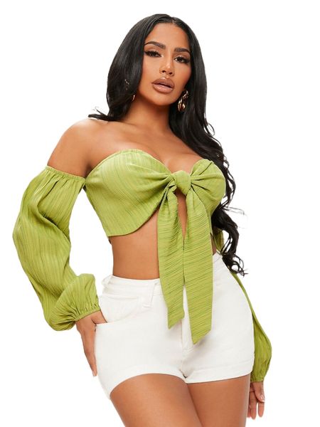 

sxy off shoulder knot front lantern sleeve crop u0nt#, White
