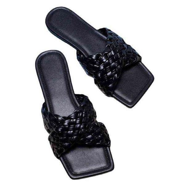 

slippers 2022 summer new fashion flat bottom rattan cross strap sandals huidong size 220606, Black
