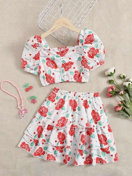 

girls floral print puff sleeve & layered hem skirt she, White