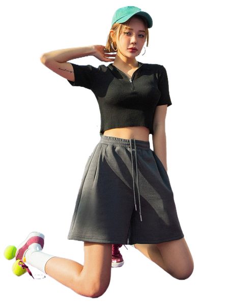 

dazy drawstring waist slant pockets track shorts c9cl#, White;black