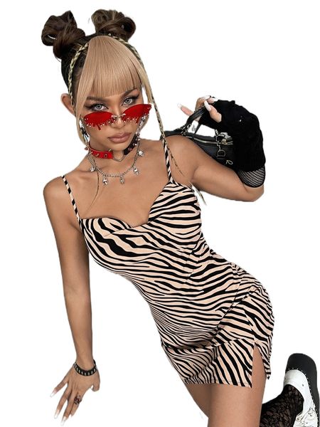 

zebra striped split hem cami dress e41x#, Black;gray