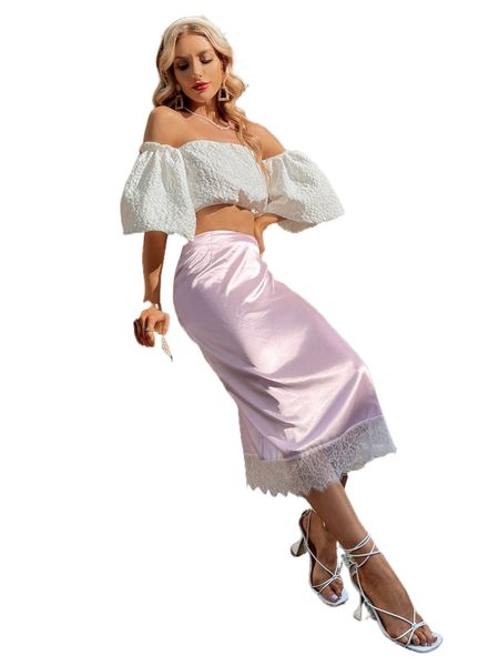 

contrast lace panel satin skirt n83a#, Black