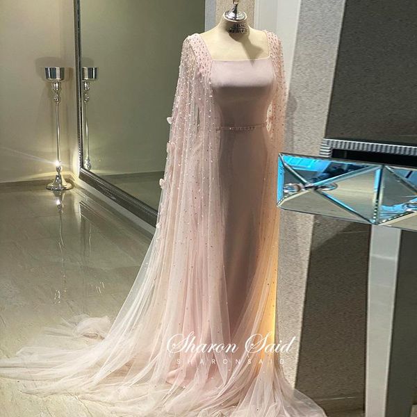 Partykleider Luxus Rosa 3D Blumen Meerjungfrau Dubai Abendkleid mit Cape Sleeve Kristall Arabisch Elegante Frauen Formale Kleider für Hochzeit Teil