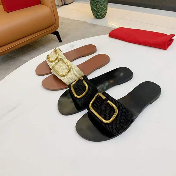 

2022 designer women sandal flat slippers vlogo signature slide sandal grainy cowhide flat shoes summer beach outdoor slipper with box 35-43, Black