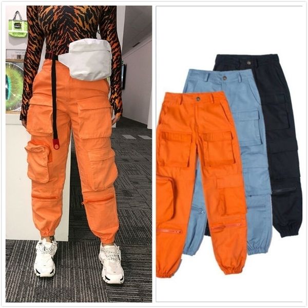 

3 colors streetwear multi pockets cargo pants women harem trousers casual joggers female high waist loose slacks femme pantalon y200418, Black;white