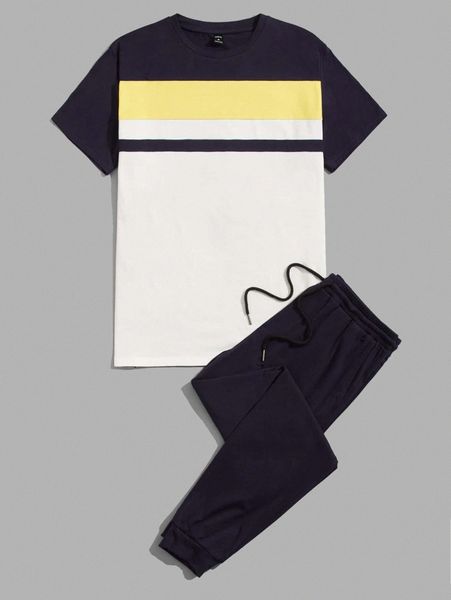 

men colorblock tee & tie waist sweatpants set 89kk#, Gray