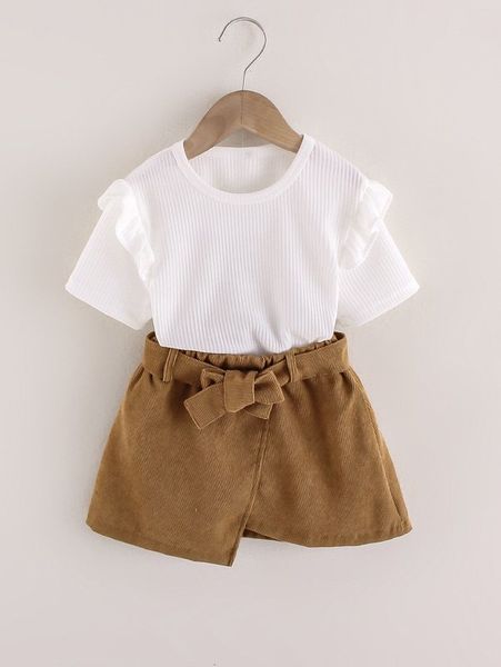 

toddler girls ruffle trim tee & asymmetrical hem belted skirt she, White