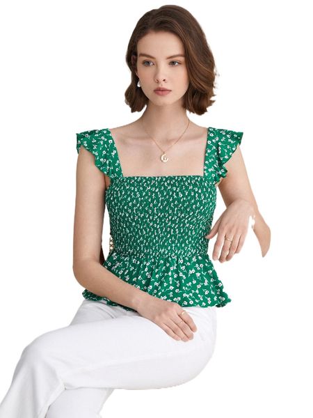 

frenchy ditsy floral ruffle trim shirred peplum blouse l6th#, White