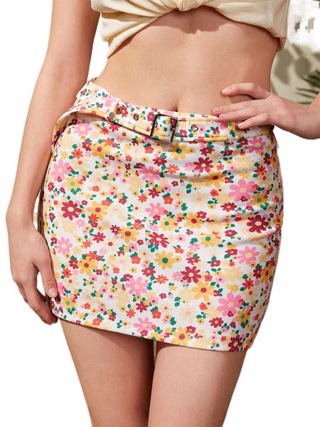 

floral print buckle belted skirt q1sa#, Black