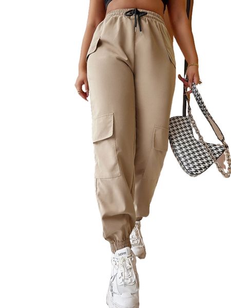 

solid drawstring waist cargo pants e1fi#, Black;white