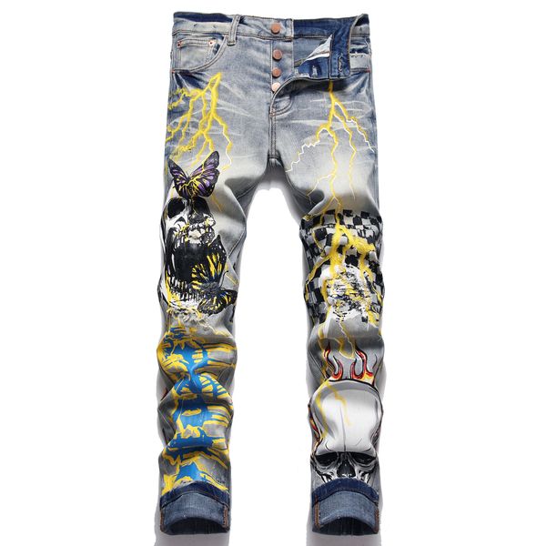 Jeans Hip Hope Men Slim Fit Skull Impresso Retor de Motas Denim Denim Big Size Blue Blue Men Troushers For Male