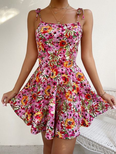 

tie shoulder allover floral cami dress z4tq#, Black;gray