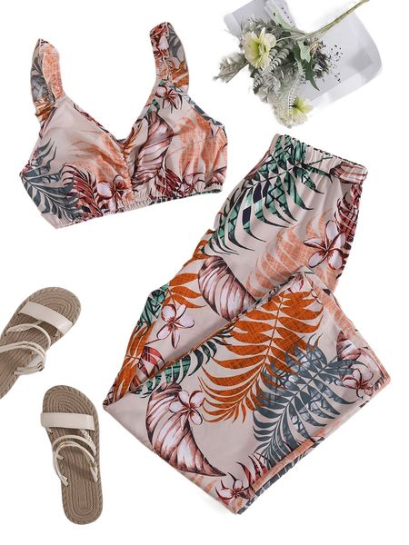 

tropical print crop cami & wide leg pants i08v#, White