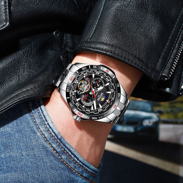

trend s-wiss mechanical watch solid stainless steel strap hollow star fashion sports men's watch watches men luxury brand, Slivery;brown
