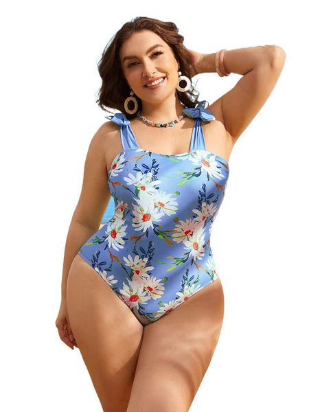 

plus daisy floral knot shoulder one piece swimsuit c7ou#, White;black