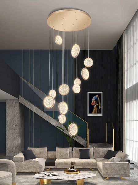 Lampade a sospensione Modern Golden Round Acrilico LED Scala Lampadario Design creativo Duplex Building Loft Villa Spiral Long ChandelierPendant