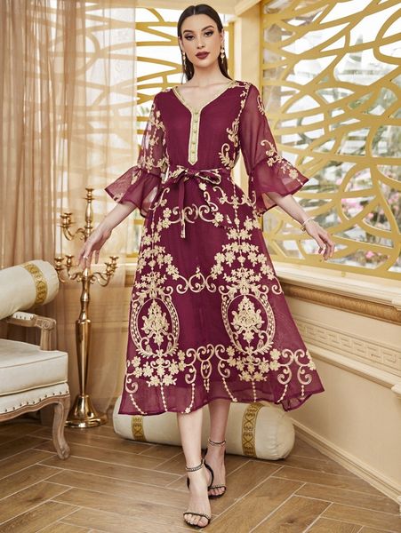 

appliques self tie flounce sleeve dress m8qf#, Black;gray