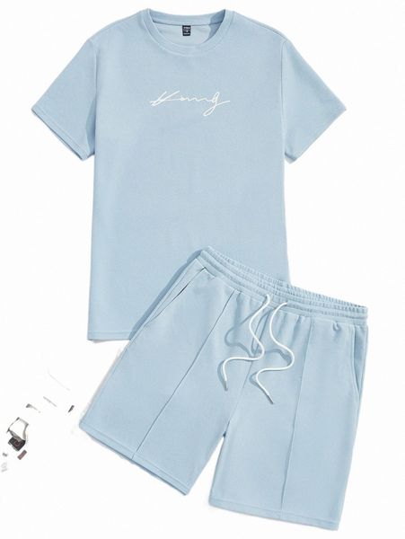 

men letter graphic tee & drawstring waist shorts f8e9#, Gray