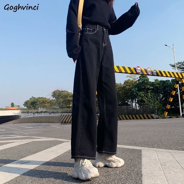 

jeans women allmatch korean style mopping trousers denim vintage black solid high waist autumn baggy chic ulzzang street casual 220526, Blue