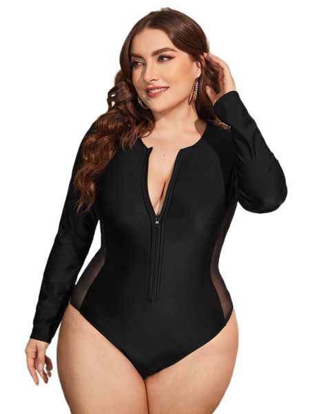 

plus zipper front one piece swimsuit w2u3#, White;black