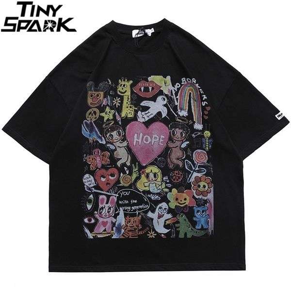

men oversize t shirt hip hop streetwear painting letter heart rainbow angels print tshirt harajuku cotton short sleeve t-shirt 220411, White;black