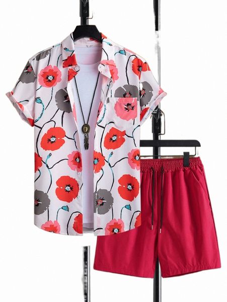 

men floral print shirt & drawstring waist shorts without tee e8c7#, Gray
