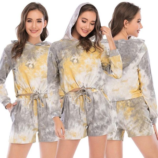 

women's tracksuits tie dye print basic tshirt long sleeve shorts two piece set women casual outfits lounge wear jogging biker, Gray