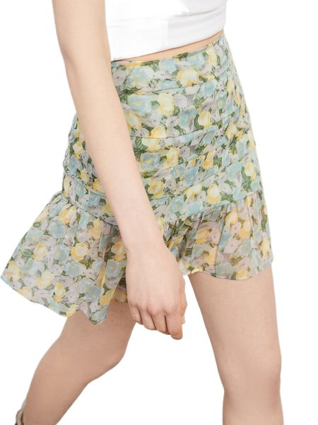 

allover floral print ruched ruffle hem skirt k9hl#, Black