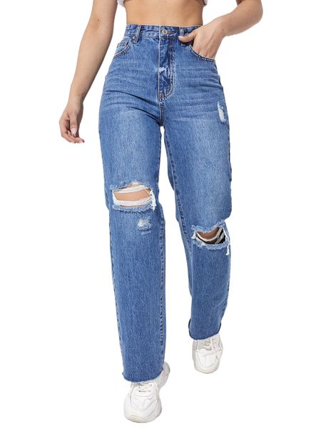 

high waist ripped straight leg jeans k5xk#, Blue