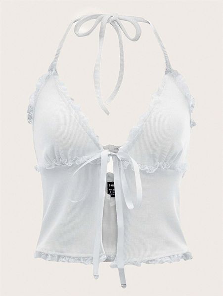 

knot shoulder lace trim tie front crop 4261#, White
