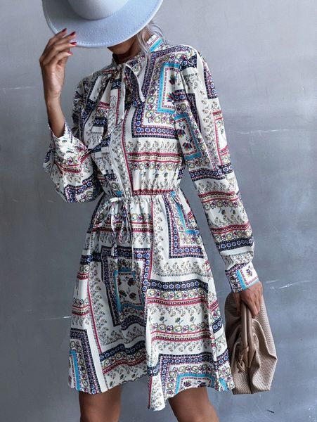 

floral scarf print tie neck drawstring waist dress w9b8#, Black;gray