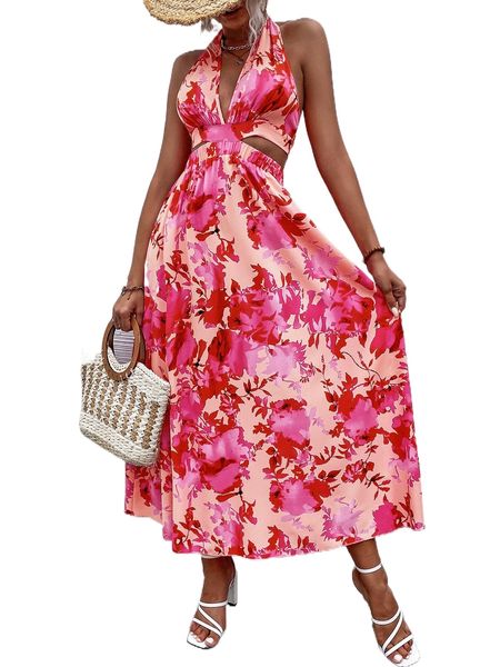 

floral print halter neck backless knot dress c27z#, Black;gray