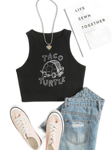 

x carolee karpell cartoon & letter graphic rib knit tank 62pn#, White