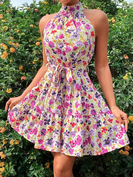 

allover floral belted halter dress z0cy#, Black;gray