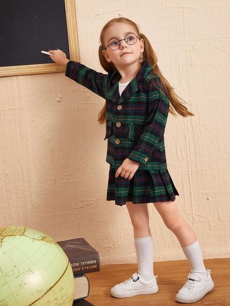 

toddler girls tartan flap detail blouse & pleated skirt she, White