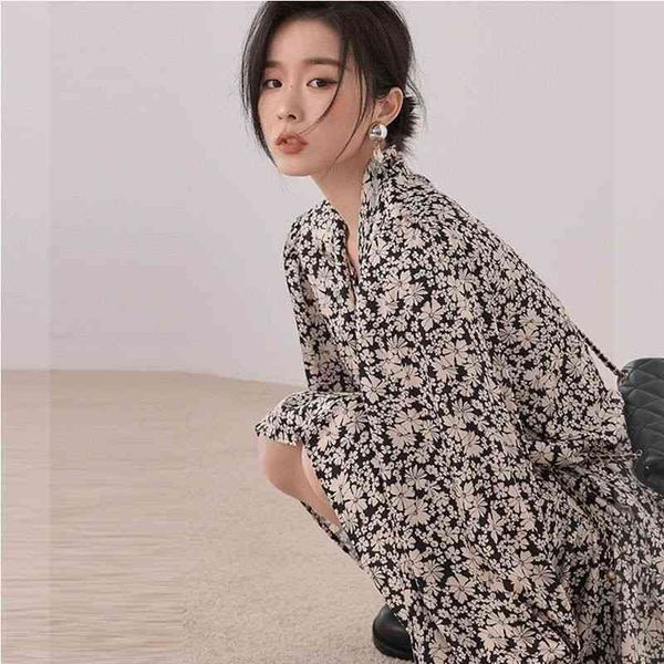 

casual dresses 2022 early spring gentle style french temperament chiffon floral v-neck dress small skirt ii9y, Black;gray
