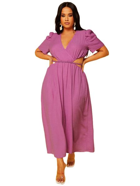 

plus puff sleeve cut out tie back dress e2tg#, Black