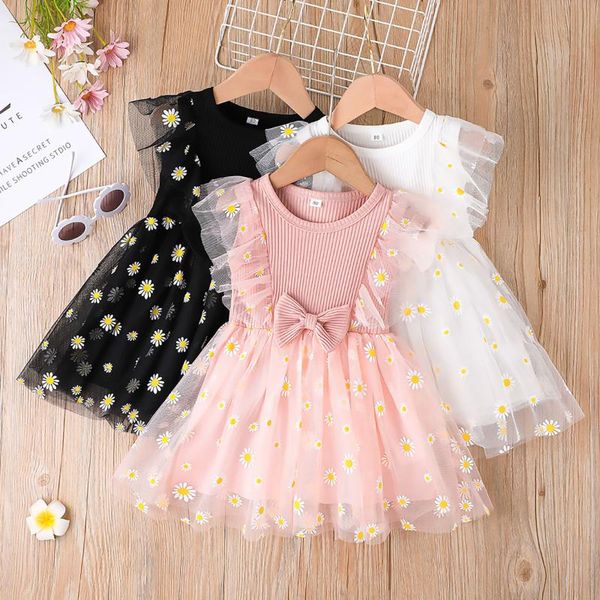 Mädchenkleider 1-5y Sommer Prinzessin Kinder Mädchen Kleid Kleidung 3 Farben Mesh Rüschen Ärmel Sonnenblumen Spitze Tutu Kleider