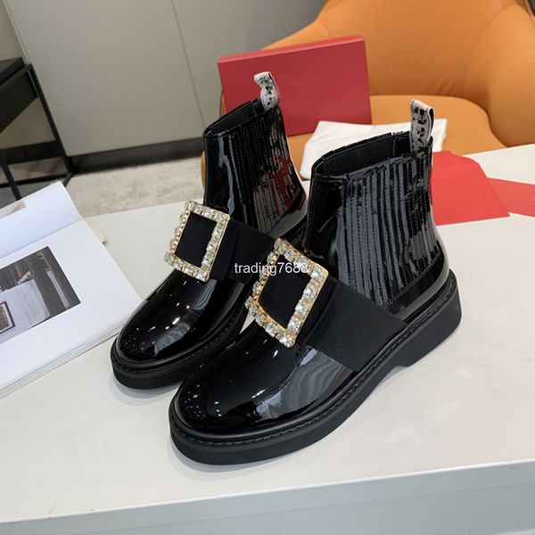 

boots patent leather chelsea boots square buckle short women's flat bottomed versatile thick heel british style martin, Black