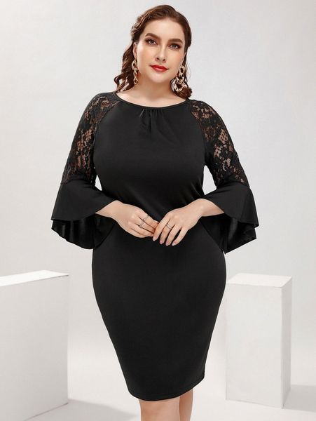 

plus contrast lace flounce sleeve bodycon dress 57lh#, Black