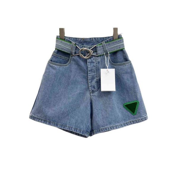 

italian style designer women's wide leg jeans straight pants green geometric leather patch trousers high waist denim bermuda shorts wov, Blue