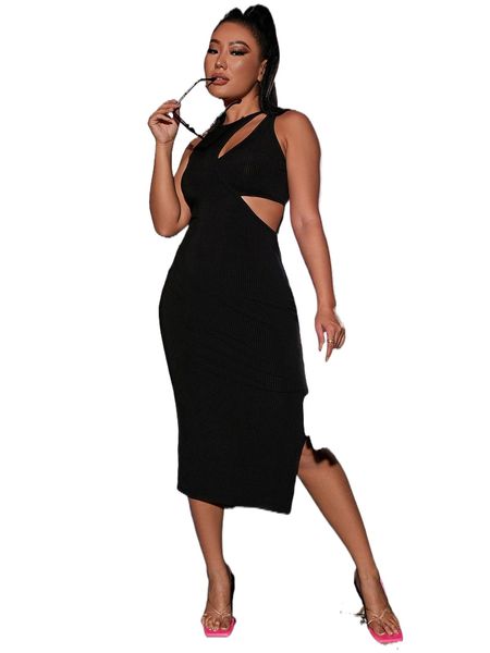 

sxy cut out split hem dress a4lz#, Black;gray